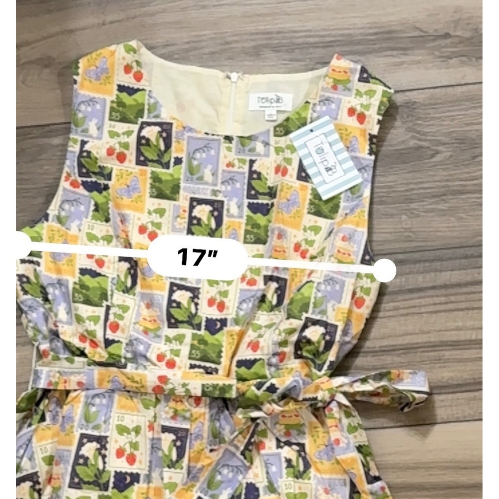 TulipB NWT Stamp Print Cotton Fit & Flare Dress Belted Size L Retro - Picture 5 of 10